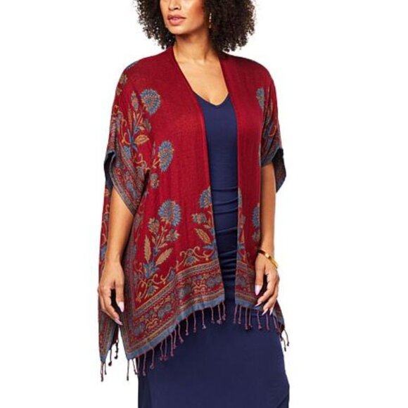Colleen Lopez Boho Lagenlook Woven Reversible Ruana Fringe Cardigan Shawl XL - Picture 13 of 13